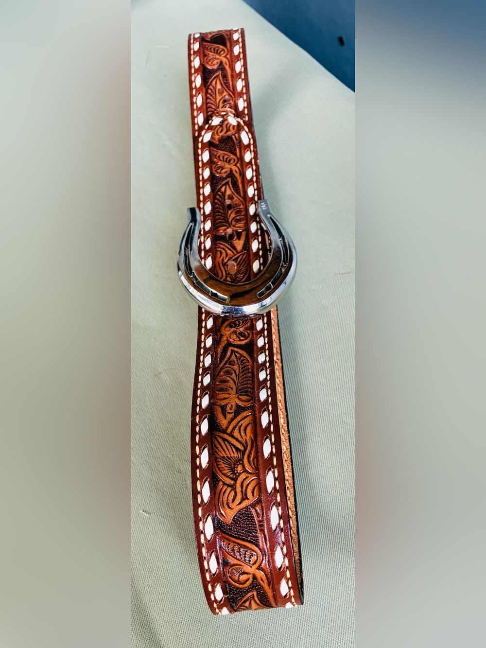Ralph Lauren Horseshoe Buckle VTooled Leather Belt Size 32 Made in USA cowgirl,